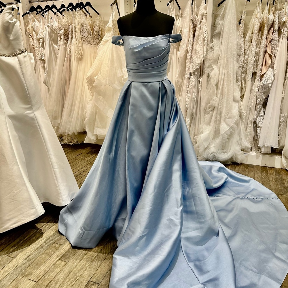 Moonlight Bridal Powder Blue Off-the-Shoulder Satin Ball Gown